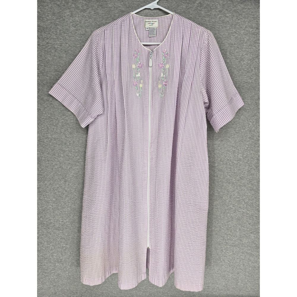 Amanda Stewart Purple Seersucker Zip Front House Dress Floral Embroidered M
